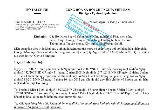 Công văn số 11827/BTC-TCHQ 2022quy định miễn kiểm tra chất lượng đối với hàng hóa nhập khẩu không nhằm mục đích kinh doanh.